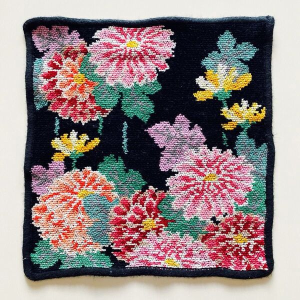 USED美品 FEILERフェイラー タオルハンカチ ジヴェルニー 菊 花柄 ブラック