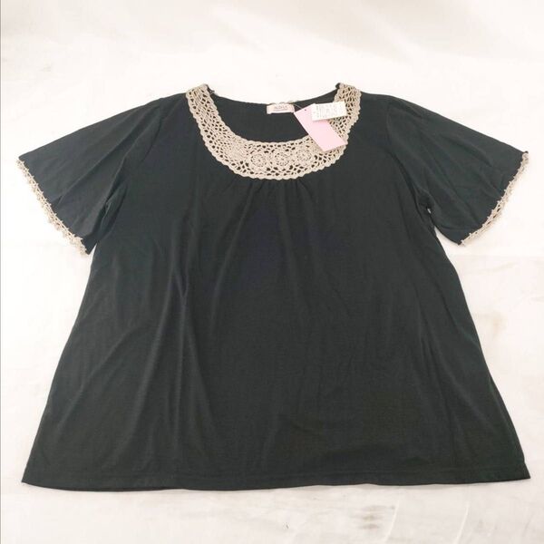 A-12【タグ付き未使用】AL DI LA アルディラ 半袖 チュニック ブラック 黒 カットソー トップス レース Tシャツ