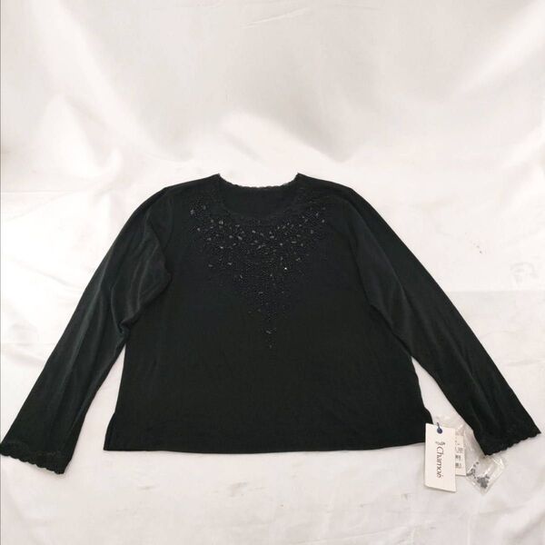 A-27【タグ付き未使用】定価27300 chamois 長袖 Tシャツ 大きいサイズ ブラック ビーズ トップス カットソー