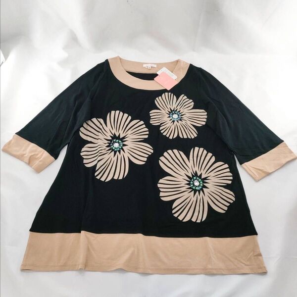 A-19【タグ付き未使用】定価12600 and N closet チュニック 長袖 ブラック 花柄 膝丈ワンピ トップス