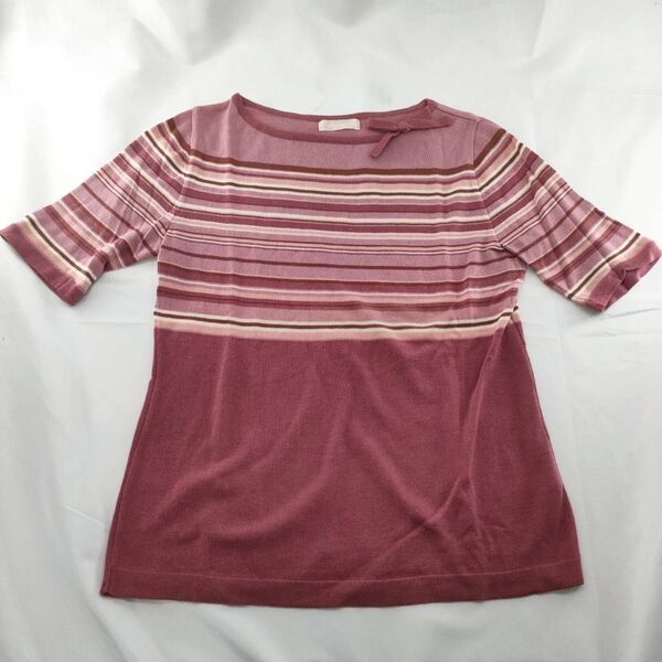 A-11【良品】ingeborg インゲボルグ 半袖シャツ ピンク ボーダー 丸首 Tシャツ サイズM カットソー レトロ