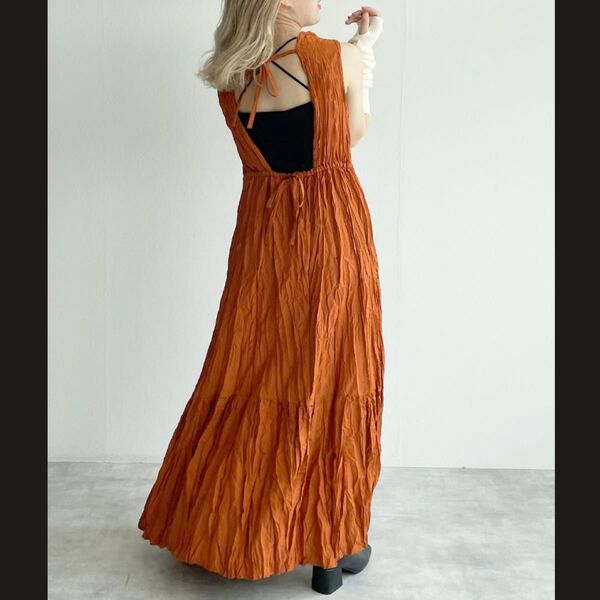 wcloset バックリボンカシュクールワンピース ロング マキシ丈 オレンジ ノースリーブ キャミワンピ 夏 リゾート お出掛け