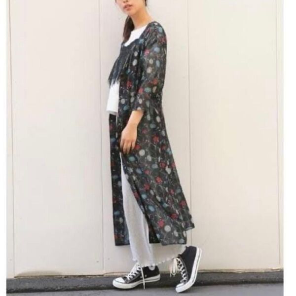 LOWRYS FARM シフォン花柄マキシカーディガンシアーワンピース ブラック 2way