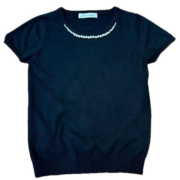【美品】MISCH MASCH ミッシュマッシュ 半袖ニット パール付き M 黒 ブラック トップス セーター カットソー 春夏秋