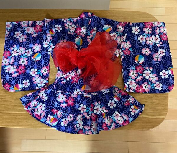 浴衣 140 紺 赤 セパレート ワンピース 帯付き