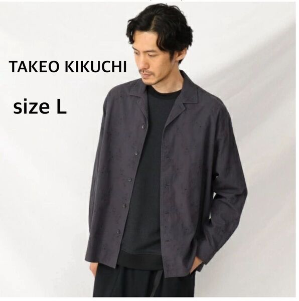 TAKEO KIKUCHI フラワー 刺繍 オープンカラー シャツタケオキクチ ネイビー L