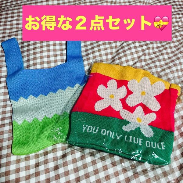 トートバッグ ミニトートバッグ 韓国 エコバック ミニバッグ サブバッグ ニットトート 花