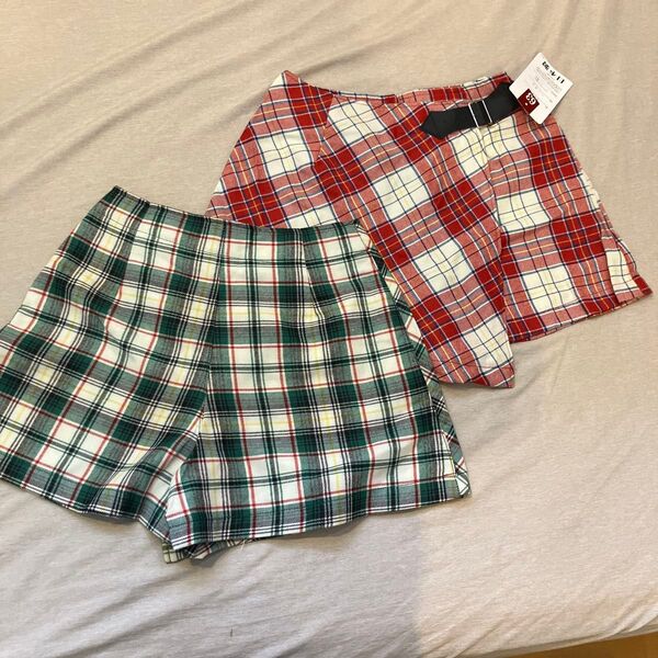 未使用 チェック柄ショートパンツ 2枚セット Sサイズ 巻きスカート風