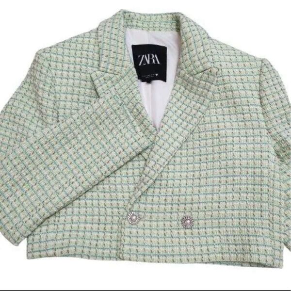 極美品 ZARA ショート丈ジャケット グリーン系 ツイードザラ Z クロップド ツイード パールボタン きれカジ