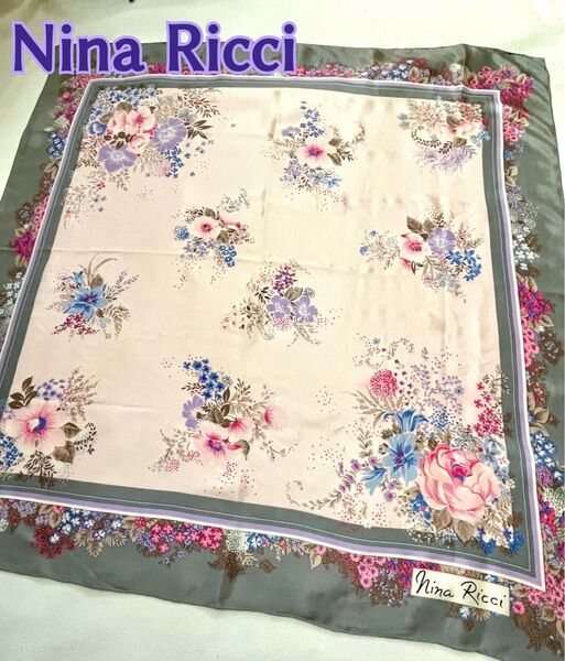 Nina Ricci シルク100% 大判スカーフ グレー、ピンク 花模様
