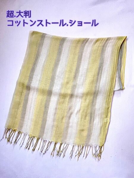 超大判 コットン ストール、ショール 爽やかなイエロー系ストライプ柄