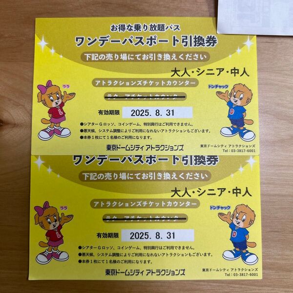 東京ドームシティ アトラクションズ ワンデーパスポート引換券 2枚