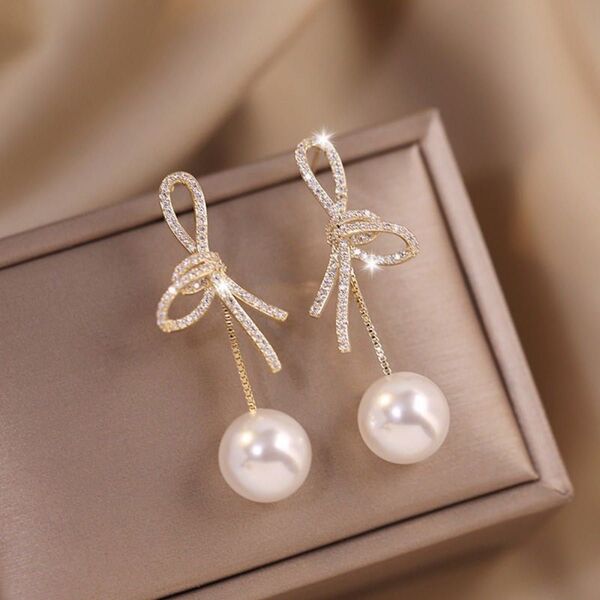 リボンチャームピアス お呼ばれコーデ リボンピアス 結婚式 ピアス ゴールドシルバー おしゃれ ピンクゴールド色 パール