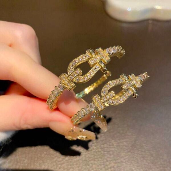 高級 CZ ダイヤモンド ホースシュー リング ピアス フープ ゴールド 大ぶり 馬蹄 蹄鉄 高見え ジュエリー ブランド 金