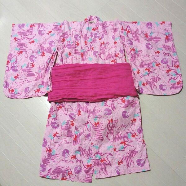 女の子 子供用浴衣 キッズ浴衣 帯付き ピンク 金魚 110〜120 夏 綿100% 女児 幼児 小学生