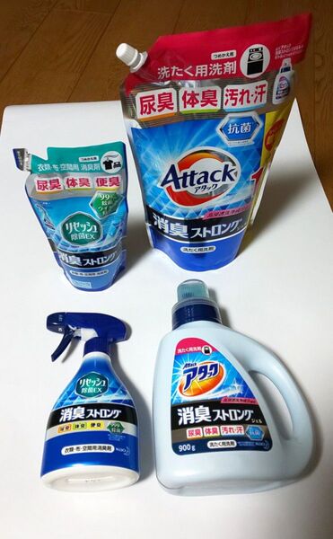 花王 アタック消臭ストロングジェル 洗濯洗剤、花王リセッシュ除菌EX消臭ストロング消臭剤 本体、詰め替え4点まとめ売り
