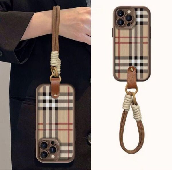 おしゃれ 高級感 チェック柄 IPhone16Proケース ストラップ付き 携帯保護 スマホケース 携帯カバー
