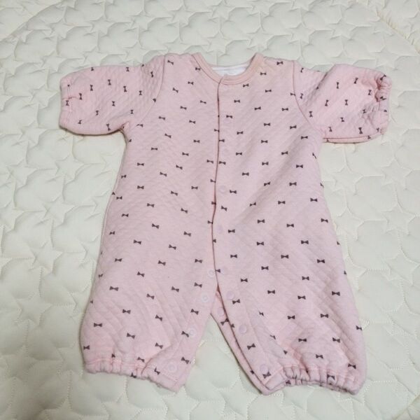ベルメゾン ベビー服 新生児 短肌着付 ツーウェイオール 50-60 リボン柄 カバーオール