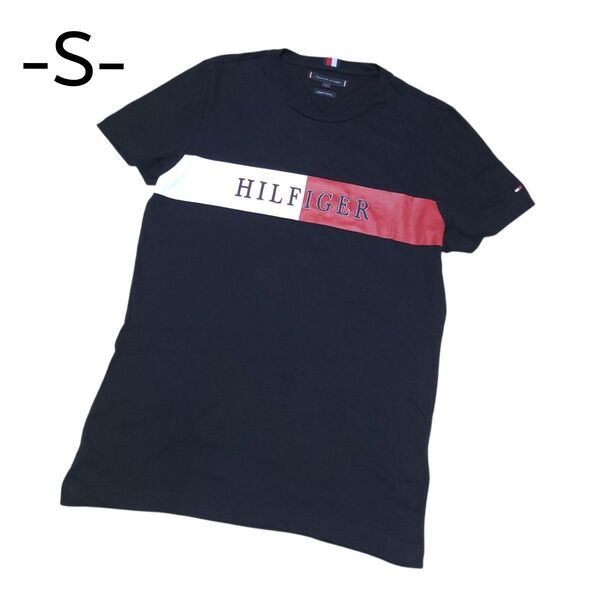 美品【メンズ/S】トミーヒルフィガー TOMMY HILFIGER メンズ 半袖 Tシャツ 黒 ブラック ロゴ 刺繍 コットン 綿