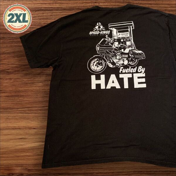 【US古着】ブラック XXL バイク スタンド HATE フロント無地 Tシャツ 半袖 プリント メンズ レディース