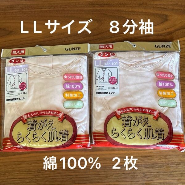 新品未開封 L Lサイズ 2枚 着がえ らくらく肌着 8分袖 前開き インナー グンゼ ワンタッチ 介護 カームベージュ 婦人