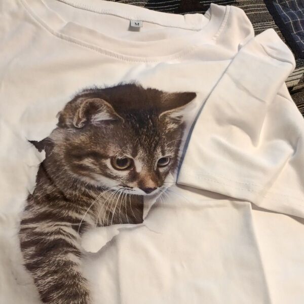 キャットプリント猫柄Tシャツ クルーネック 半袖Tシャツ オフホワイト 日本L サラッと着心地の良いポリエステル生地