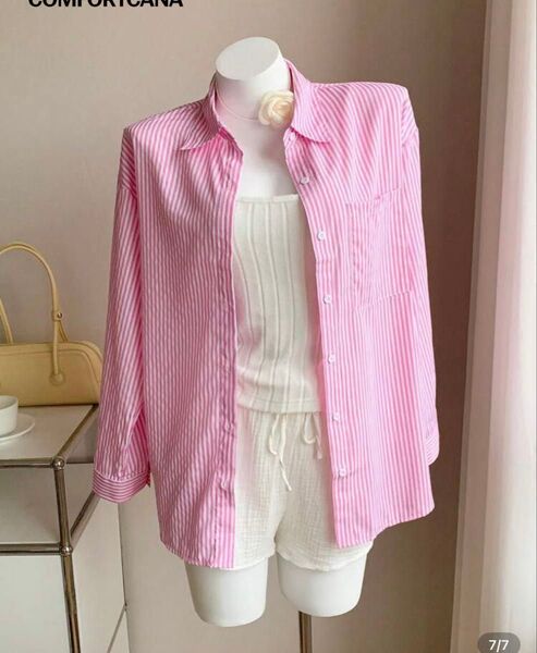 SHEIN ドロップショルダー ストライプシャツ ブラウス ピンク