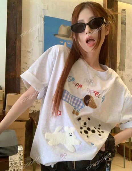 SHEIN かわいいイヌ刺繍 半袖 Tシャツ