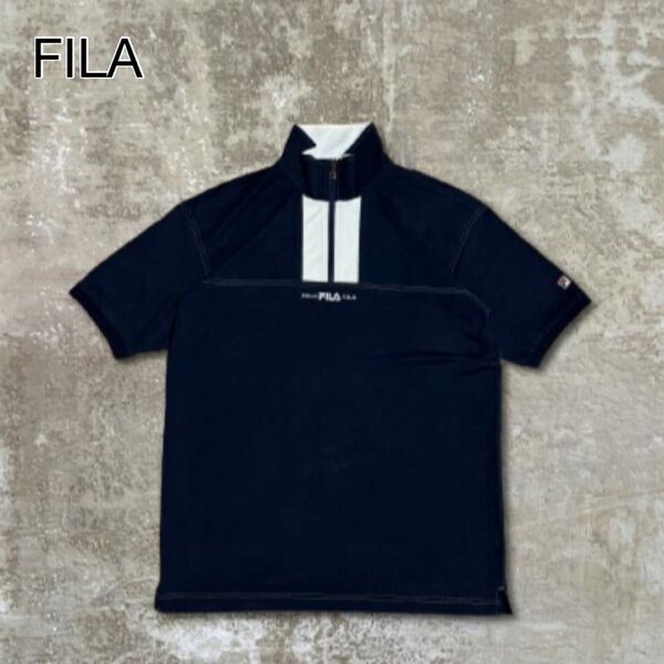 FILAフィラTシャツ半袖ハーフジップダークネイビー濃紺日本製スポーツ古着M