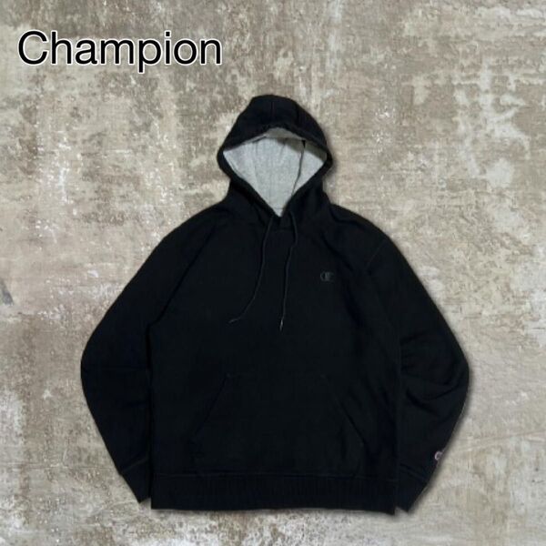 90sChampionチャンピオンスウェットパーカーブラック黒プルオーバー刺繍ロゴ短丈古着XL