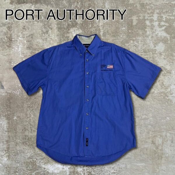 PORTAUTHORITYカジュアルシャツ半袖サックスブルー刺繍企業ロゴ古着L