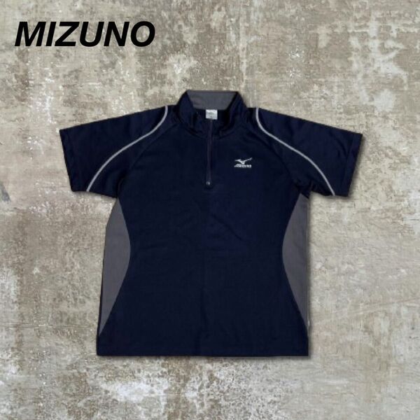 MIZUNOミズノスポーツTシャツ半袖ハーフジップネイビー紺ウェア古着M