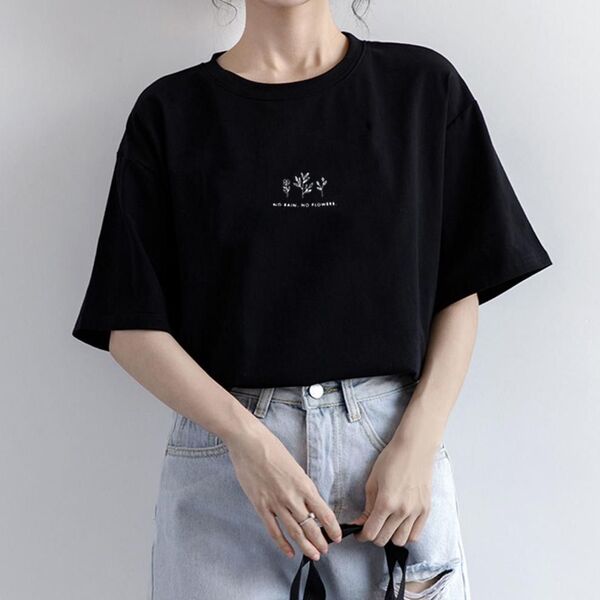 Lサイズ 半袖Tシャツ 黒 ブラック シンプル ボタニカルプリント シンプル