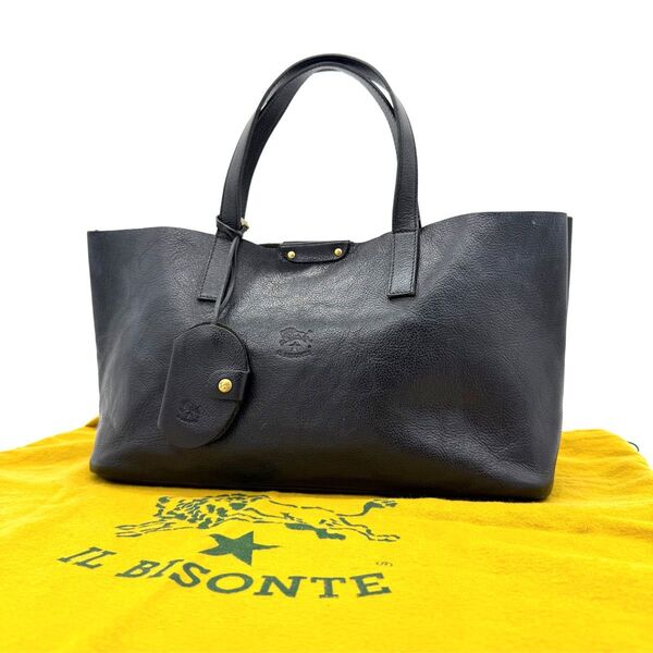★美品★ILBISONTE イルビゾンテ オールレザー ハンドバッグ 鏡付き ブラック 保存袋付き ユニセックス