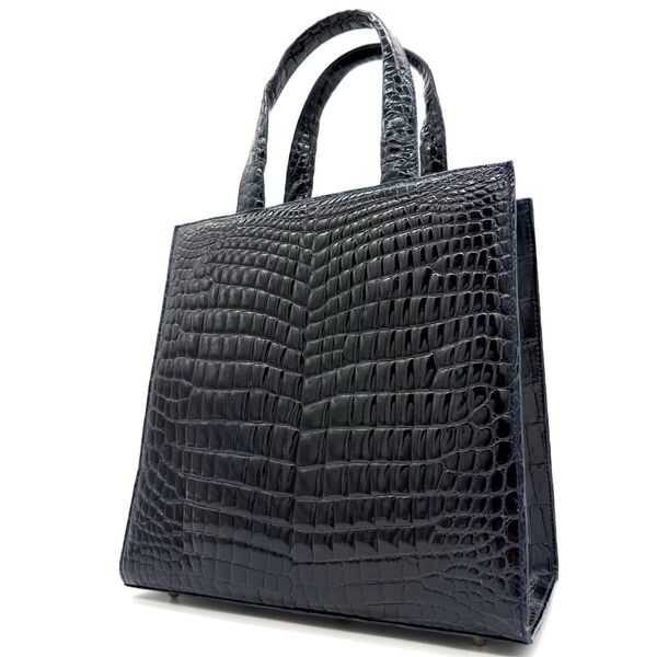 ★美品★シャイニングクロコダイル センター取り ハンドバッグ ネイビー GENUINE CROCODILE SKIN ポロサス