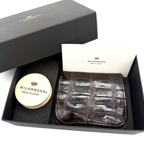 ★良品★WILDSWANS ワイルドスワンズ パーム クロコダイル 2つ折り財布 王冠ロゴ チョコ ダークブラウン