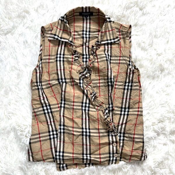 ★美品・希少サイズ★BURBERRY LONDON バーバリー ロンドン ノバチェック ノースリーブ フリル シャツ 40