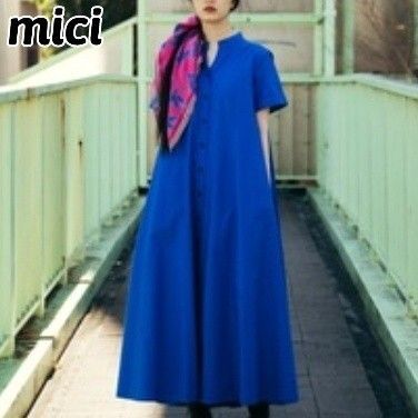 美品 mici ミチ バックプリーツドレス ワンピース ブルー 青 ロング マキシ ドレス カットソー 半袖 結婚式 レディース