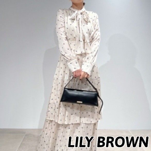 LILY BROWN リリーブラウン ワンピース 2way ボウタイ リボン プリーツ 長袖 ベージュ 総柄 ロング マキシ M