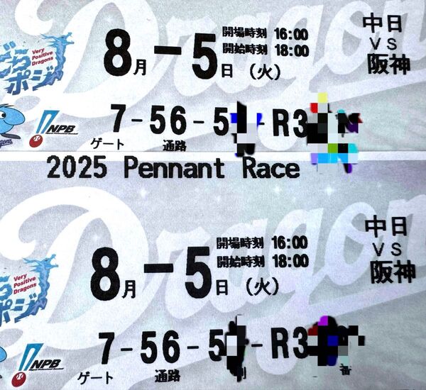 8/5(火) バンテリンドーム 中日ドラゴンズ対阪神タイガース 8月5日 ペア2枚