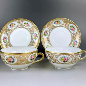 【美品】オールドニッポン ティーカップ ソーサー 2セット アールヌーボー 金盛り