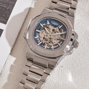 LONG LUX 腕時計 メンズ スケルトン シルバー×ブルー