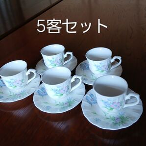 5客セット ティーカップ&ソーサー 花柄 ホワイト系