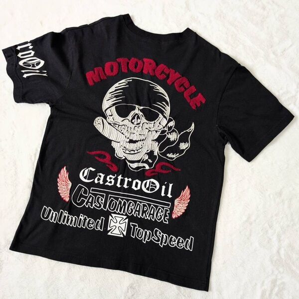 メンズ半袖 スカルデザイン バイクTシャツバック刺繍 ブラック Lサイズ 半袖Tシャツ プリント
