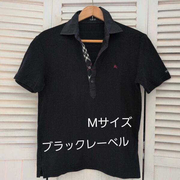 BURBERRY BLACK LABEL ブラック ポロシャツ Mサイズ 美品 バーバリーブラックレーベル ホースロゴ刺繍