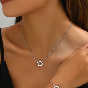 【人気】3セットダブルリングネックレスピアス ブレスレット ステンレス