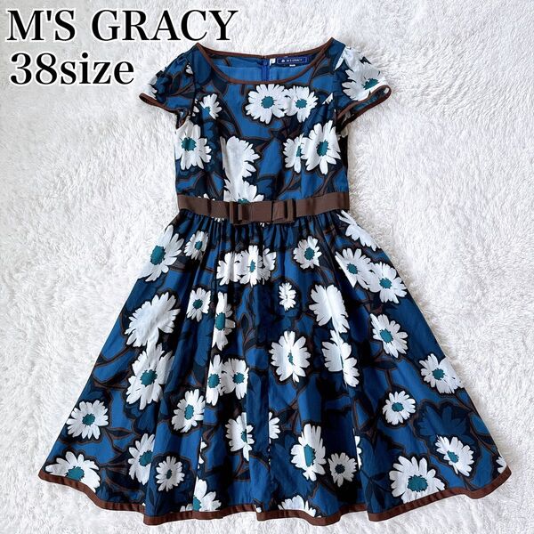 M'S GRACY エムズグレイシー 花柄 半袖ワンピース リボン ネイビー フレア 38 難あり