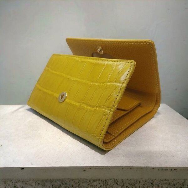 新品 AT13 本革 クロコダイル 三つ折り財布 ウォレット 腹イエロー687997