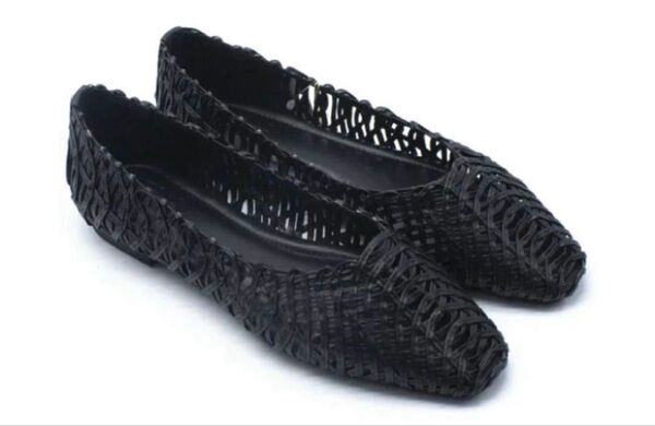 メッシュパンプス38 24.0 ブラック シースルーサンダルフラットシューズ ミオノティス パンプス 靴 黒 フラットシューズ