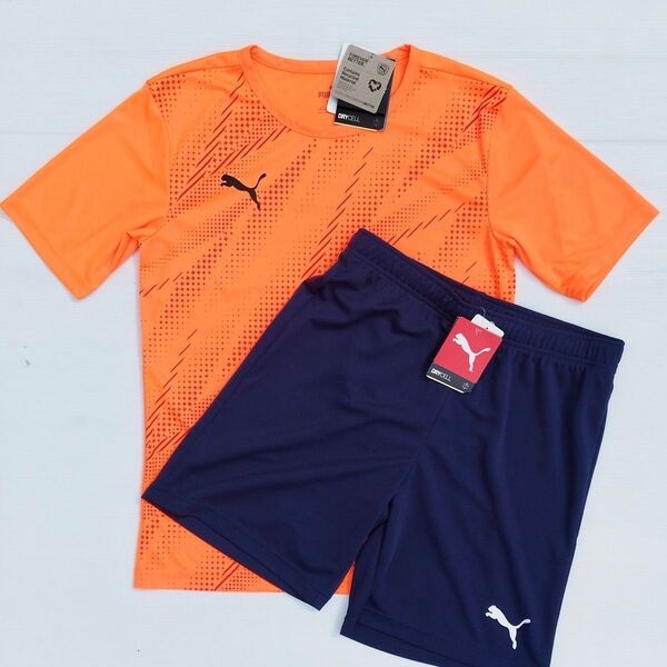 新品未使用 上下セット Tシャツ プラシャツ ショートパンツ サッカー フットサル メンズ L オレンジ ネイビー プーマ 半袖